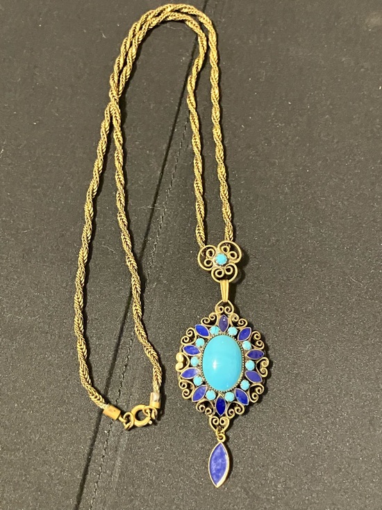 Jewelry - VTG Art Deco Filigree Brass Blue Enamel & Glass Pendant Necklace Neiger ?